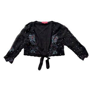 Vintage Aftershock Embroidered Sheer Black Bolero Jacket with Tie Closure